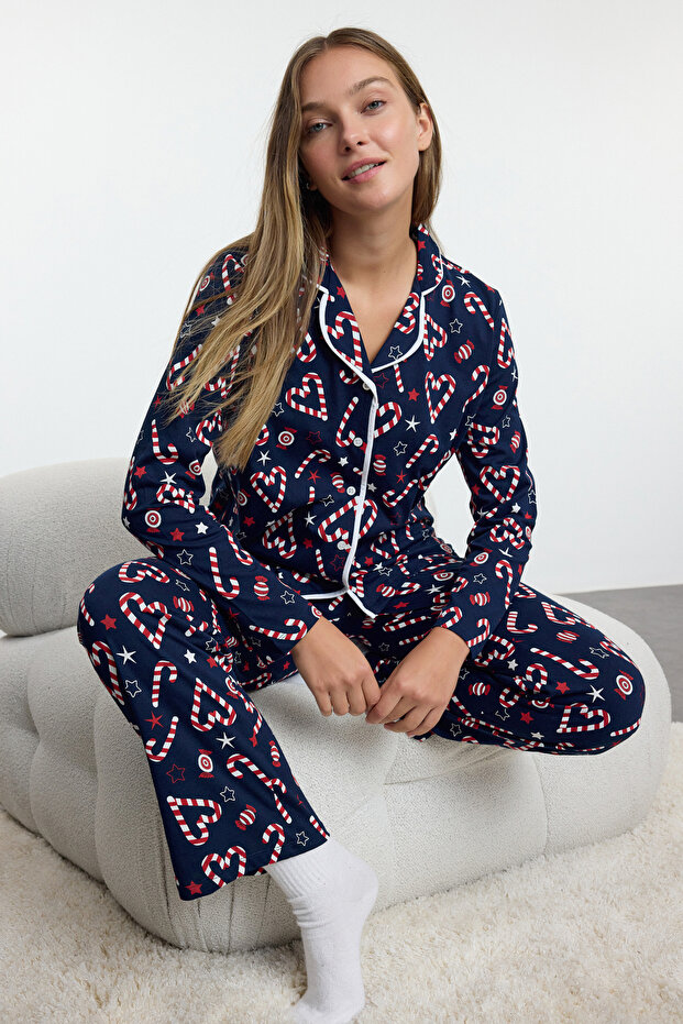 Lacivert %100 Pamuklu Yılbaşı Temalı Biyeli Örme Pijama Takımı THMAW25PT00167 - 1