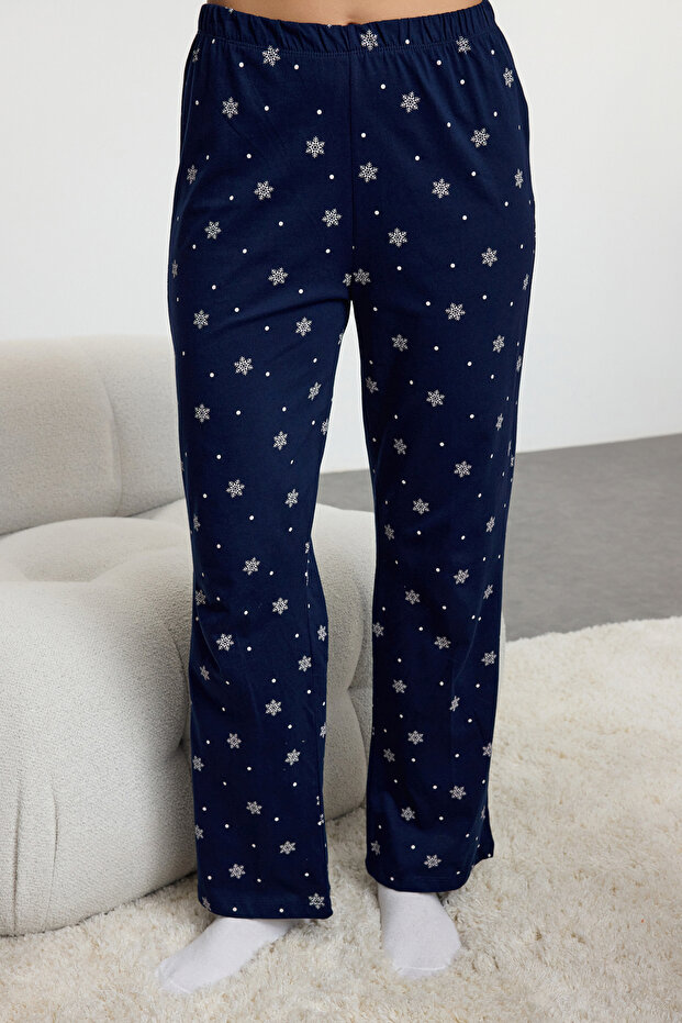 Lacivert %100 Pamuklu Kış Temalı Biyeli Örme Pijama Takımı THMAW25PT00083 - 4