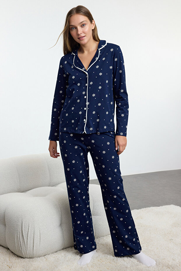 Lacivert %100 Pamuklu Kış Temalı Biyeli Örme Pijama Takımı THMAW25PT00083 - 1