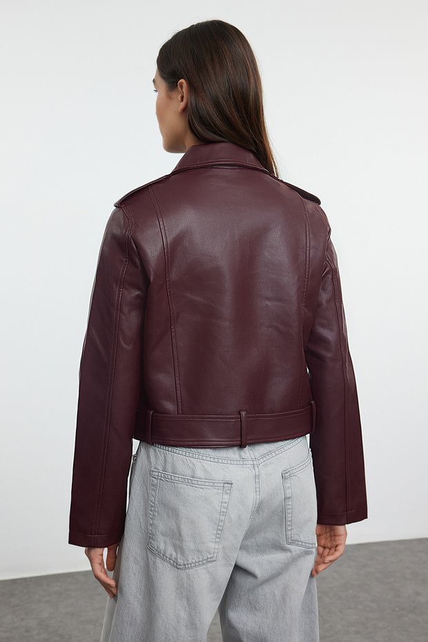 Bordo Regular Kalıp Suni Deri Biker İnce Ceket Mont TWOAW25MO00002 - 5