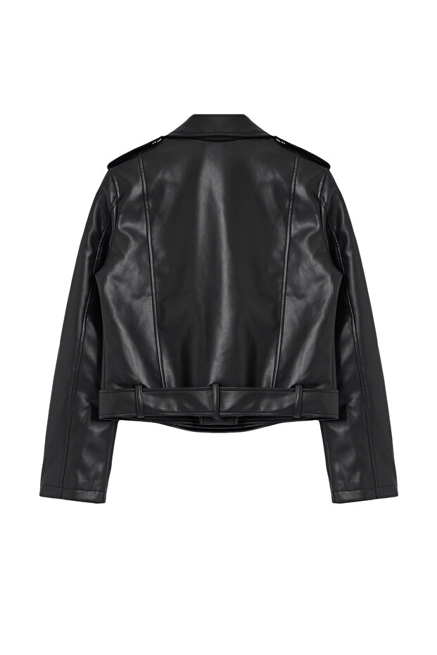 Siyah Regular Kalıp Suni Deri Biker İnce Ceket Mont TWOAW25MO00002 - 7