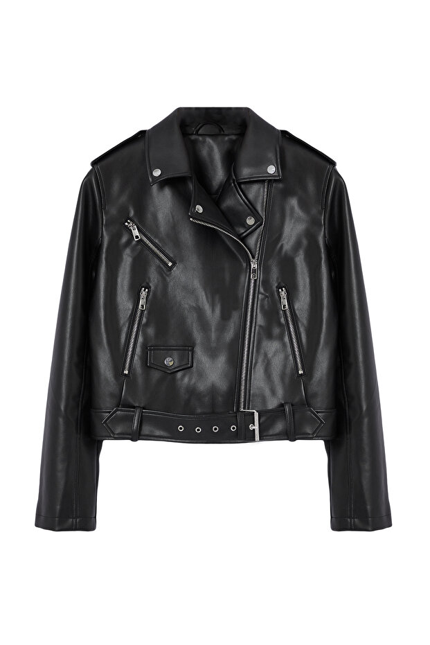 Siyah Regular Kalıp Suni Deri Biker İnce Ceket Mont TWOAW25MO00002 - 6
