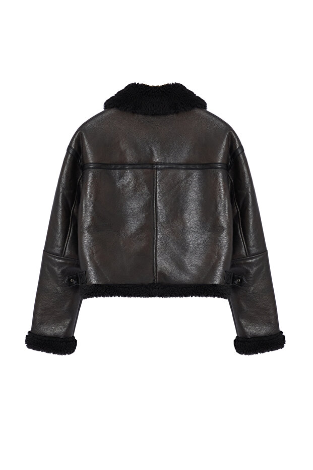 Kahverengi Oversize Kalıp Peluş Detaylı Biker Ceket Mont TWOAW25MO00032 - 9
