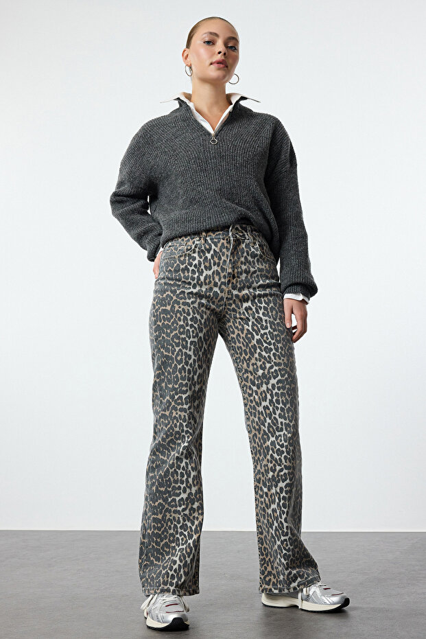 Çok Renkli Leopar Desenli Kahverengi Yüksek Bel Orta Esnek Wide Leg Jeans TWOAW25JE00309 - 5