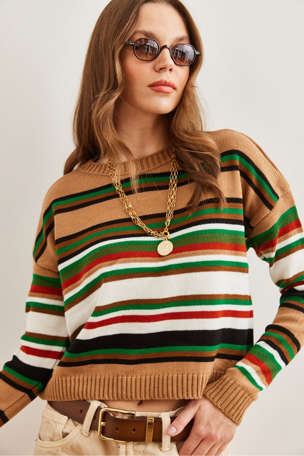 Women's Camel Colored Striped Crop Knitwear Sweater Kzk- 19000813