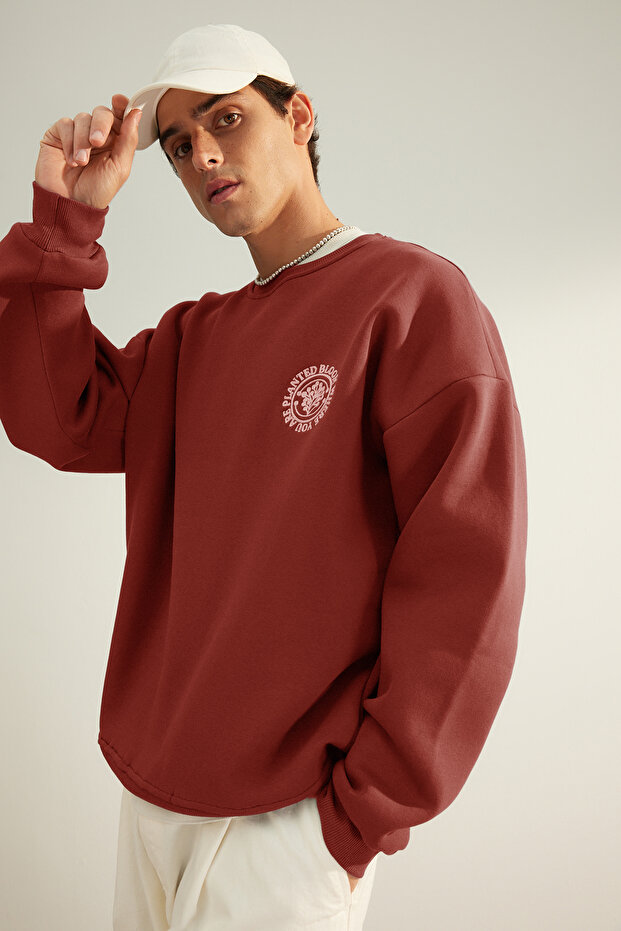Kiremit Oversize/Geniş Kesim Çiçek Nakışlı İçi Polarlı Pamuklu Sweatshirt TMNAW24SW00012 - 2