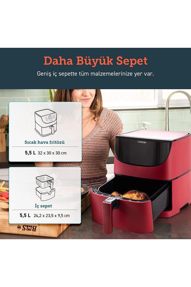 Sıcak Hava Fritözü Xxl Yağsız, 5,5 Lt 1700 W Kırmızı - 6