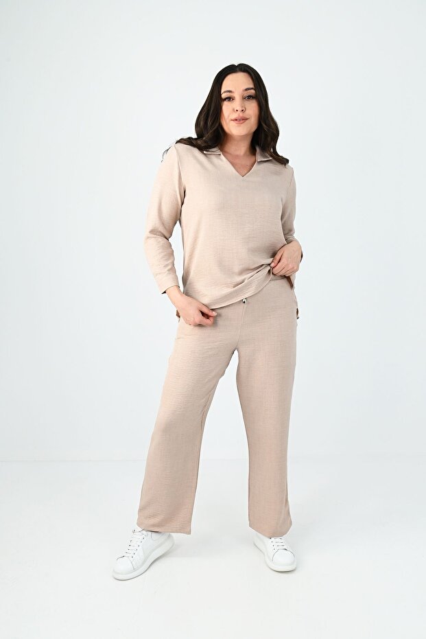 Women's Large Size Linen Fabric Polo Collar Double Suit 8071-24