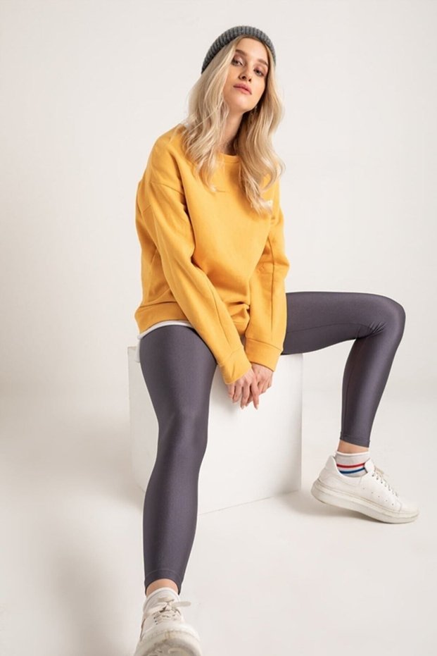 Women's Anthracite Gray High Waist, Everyday and Sports Use, No Show, Shiny Disco Leggings