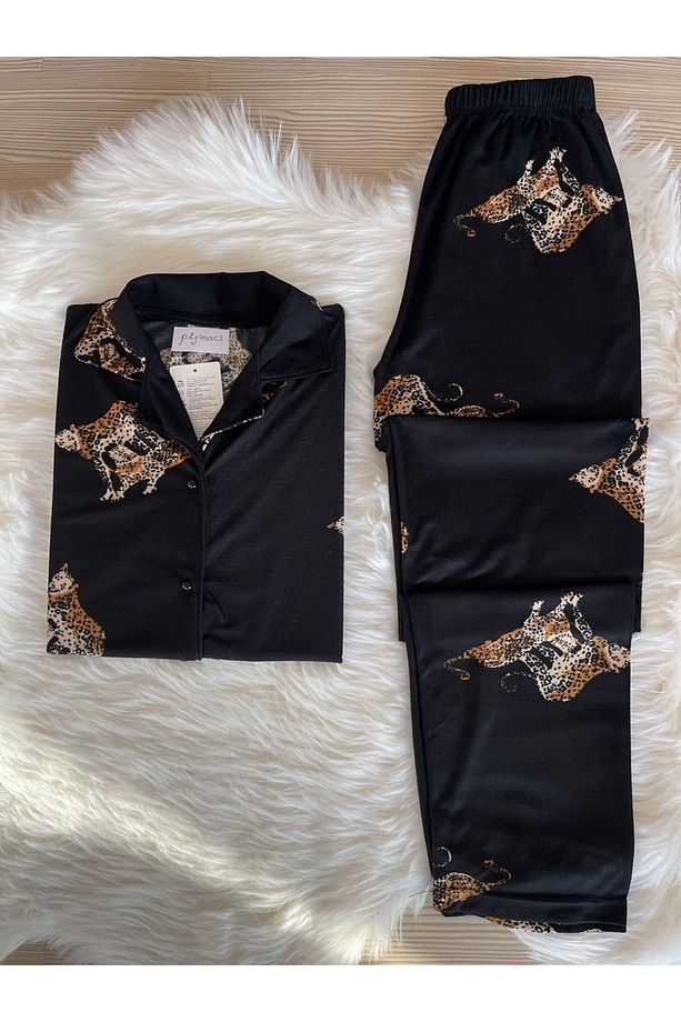 Leopar Desenli Süet Gömlek Yaka Uzun Kol Pijama Takımı - 1