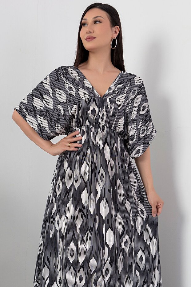 V Yaka Beli Lastikli Viskon Elbise NY4319 - 2