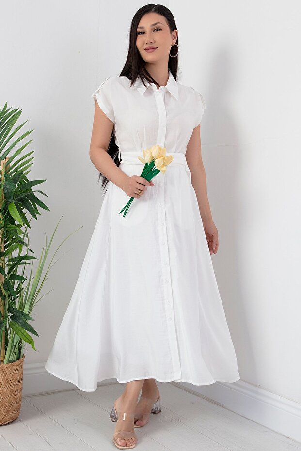 Boydan Düğmeli Kemerli Elbise NY4306 - 4