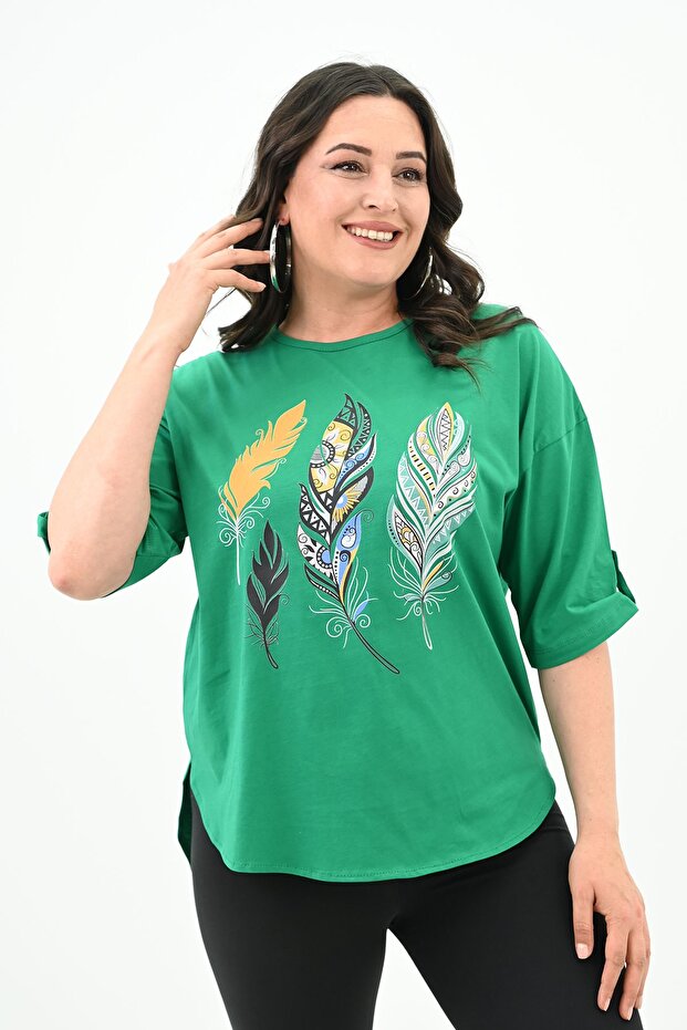 Large Size Feather Printed Oversize Women's T-shirt - 1773-4-24
