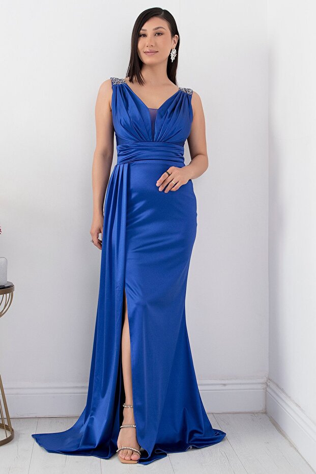 Omuz Taşlı Saten Elbise 39743 - 1