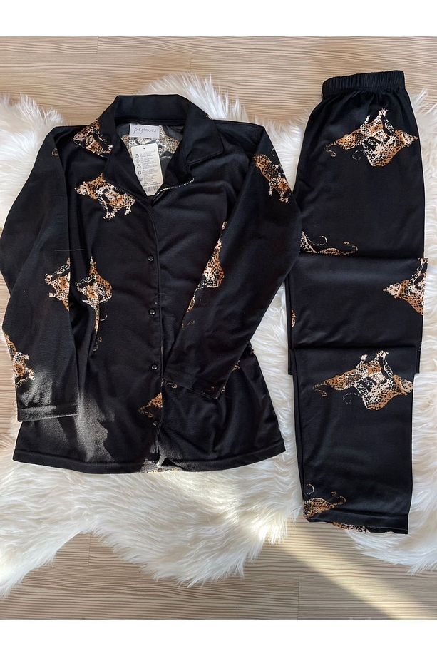 Leopar Desenli Süet Gömlek Yaka Uzun Kol Pijama Takımı - 8