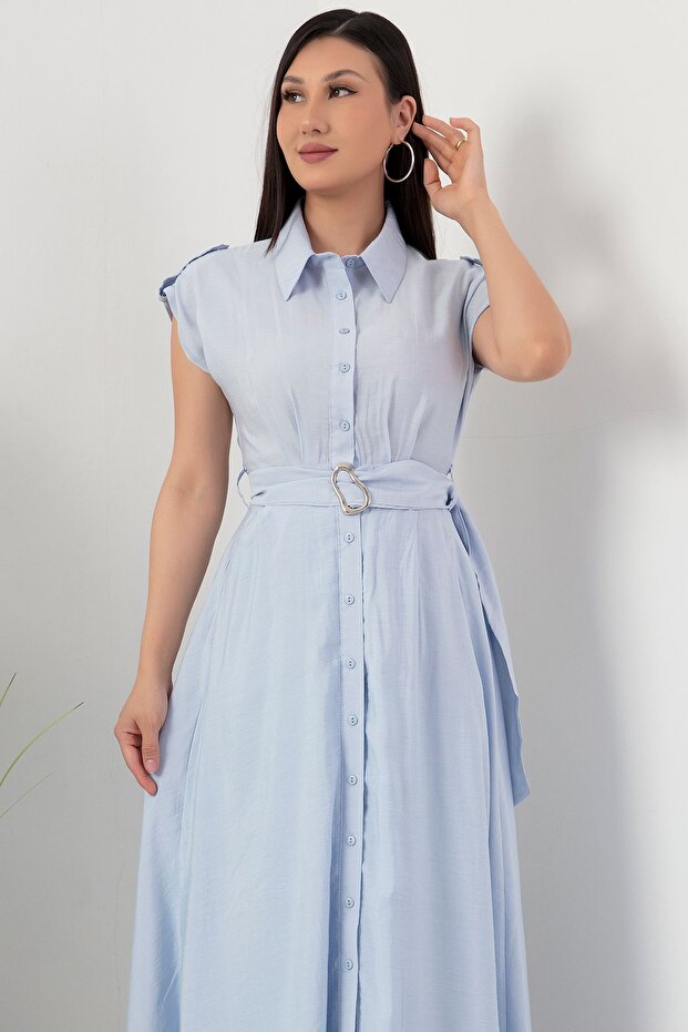 Boydan Düğmeli Kemerli Elbise NY4306 - 2