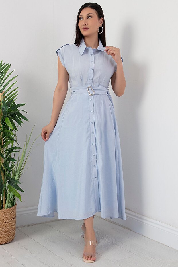 Boydan Düğmeli Kemerli Elbise NY4306 - 6