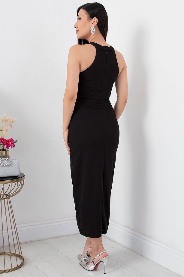 Gül Detay Yırtmaçlı Krep Elbise NY4264 - 6