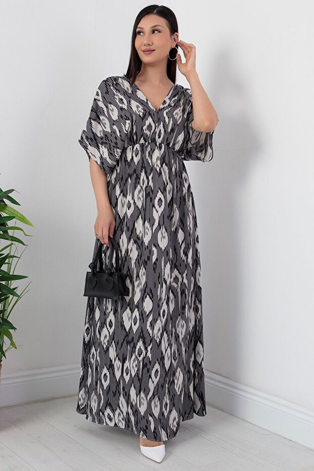 V Yaka Beli Lastikli Viskon Elbise NY4319 - 3