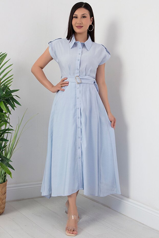 Boydan Düğmeli Kemerli Elbise NY4306 - 3