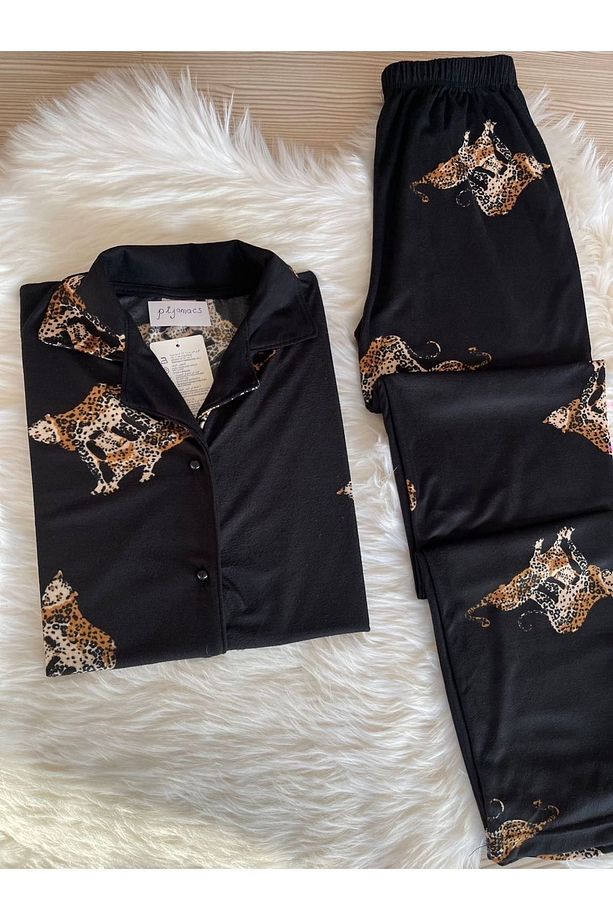 Leopar Desenli Süet Gömlek Yaka Uzun Kol Pijama Takımı - 2