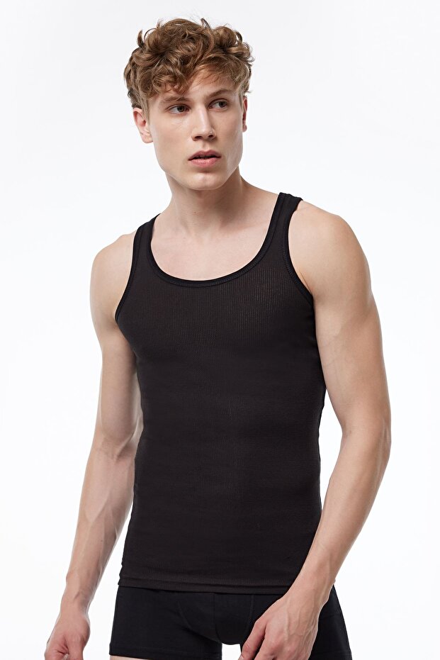 قميص داخلي صيفي شبكي أسود للرجال 081 عبوة اقتصادية مكونة من قطعتين