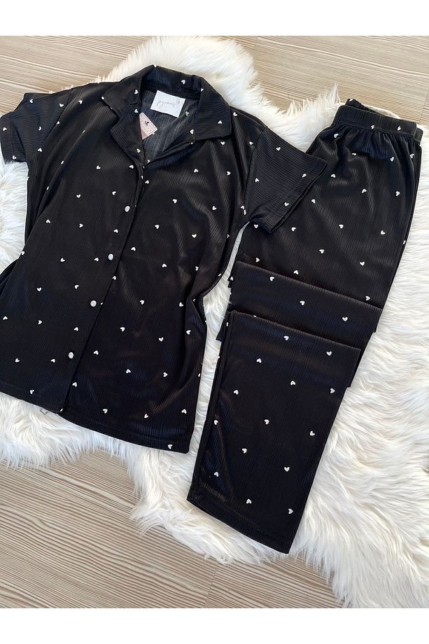 Siyah Kalp Desenli Pegasus Kısa Kol Pijama Takımı - 7