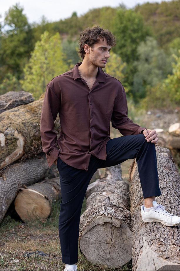 Erkek Kışlık  kahve Fitilli Ottoman Dokulu Oversize Gömlek - 3