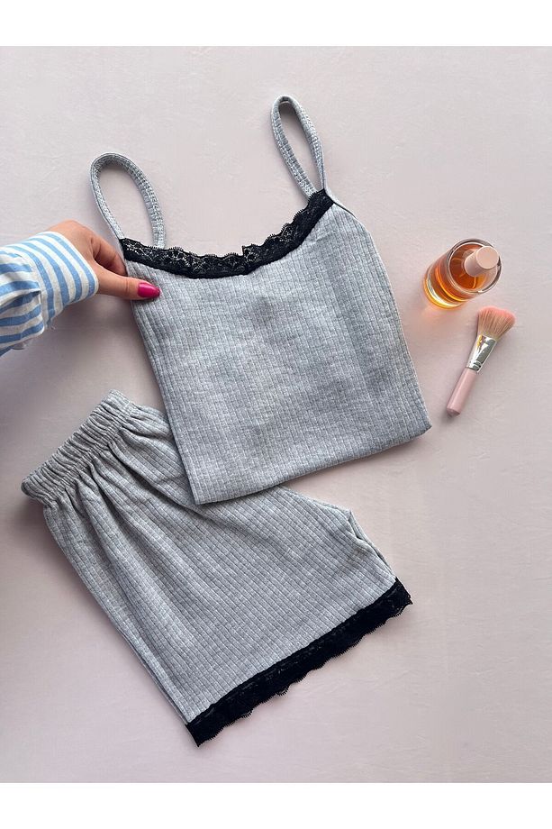 İp Askılı Fitilli Şortlu Pijama Takımı - 2