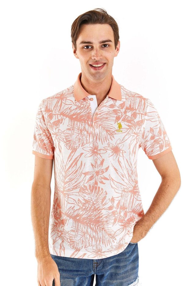 US POLO ASSNMEN'S POLO NECK WOVEN FABRIC REGULAR FIT 100% COTTON T-SHIRT - SALMON
