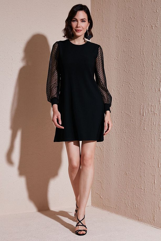 Regular Fit Tül Kollu Esnek Mini Elbise  ELBİSE 66924672S4 - 1