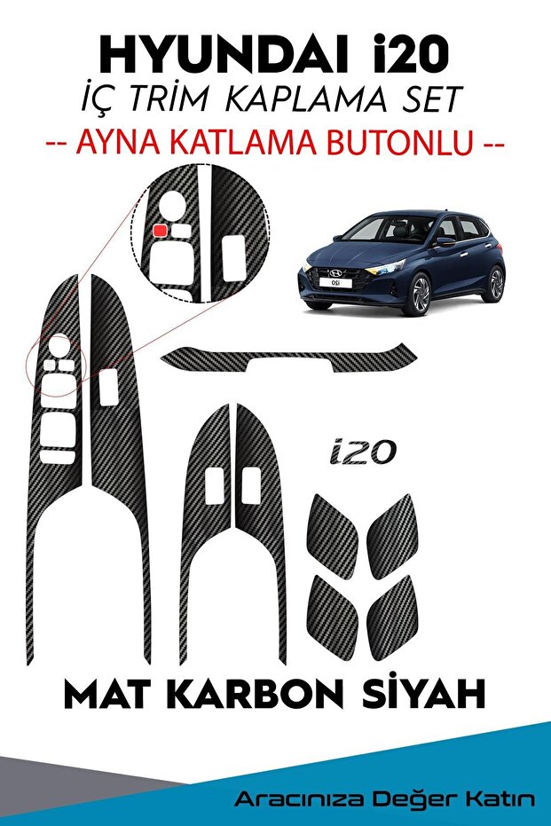 New Hyundai I20 (2020 after Bc3) Interior Trim Foil Covering Set/Matte Carbon Black/With Mirror Folding Button/Elite