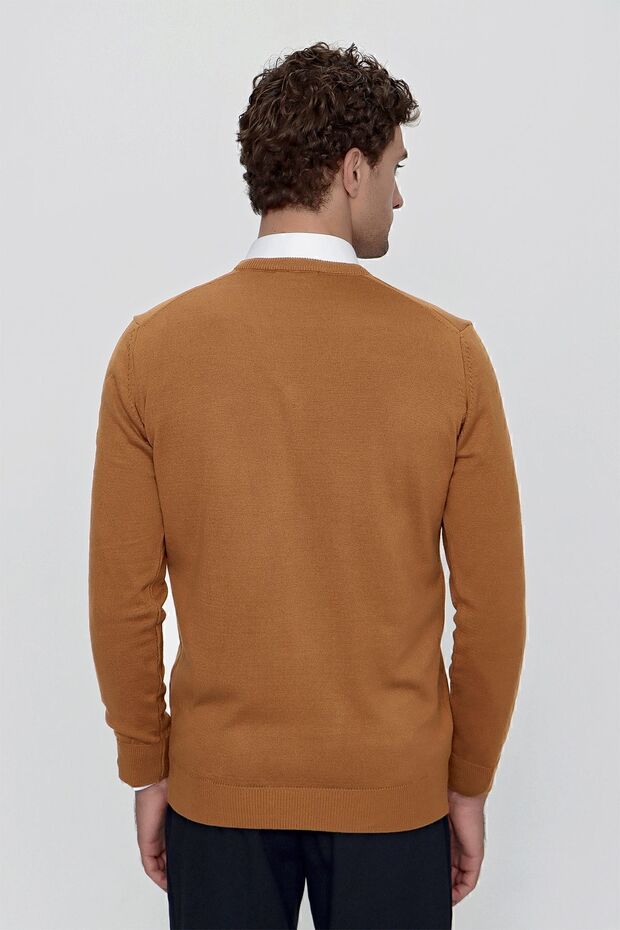 Erkek Taba Basic Dynamic Fit Rahat Kesim V Yaka Triko Kazak - 6