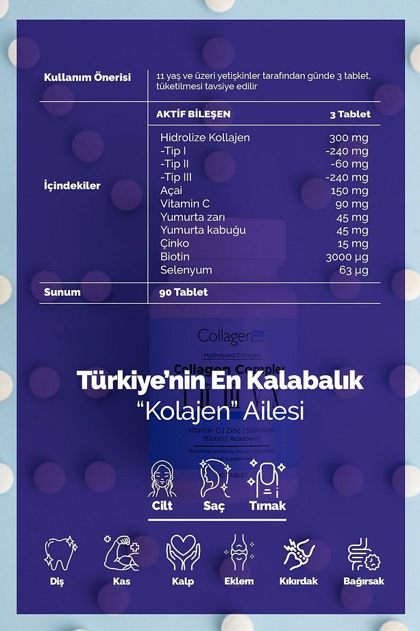 5 Tip Kolajen Complex Tip 1,2,3,5 Ve Tip 10 Biotin, Çinko, Selenyum, Vitamin C & Açai, 90 Tablet - 5