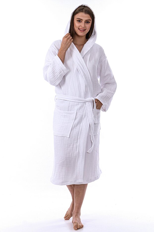 Unisex Hooded 4 Layer 100% Organic Cotton Premium Multi Muslin Ultra Soft Bathrobe