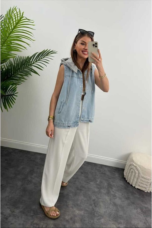 Kapüşonlu Basic Jean Kot Yelek - 3