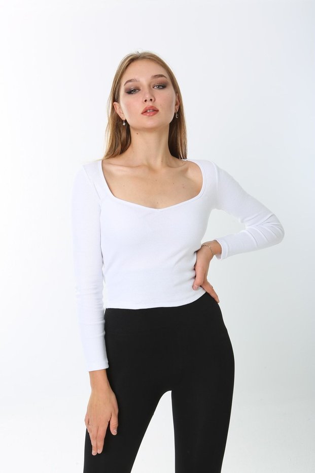 Women's White Heart Collar Long Sleeve T-Shirt Blouse Ribbed Camisole