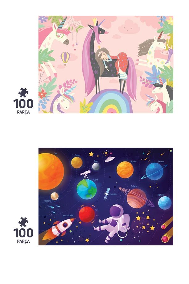2'li Çocuk Puzzle - 100 Parça Puzzle - Unıcorn Ve Gezegenler - 3