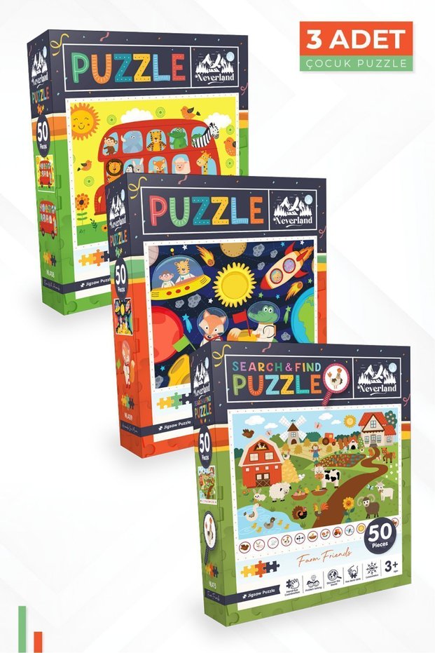 3-Dimensional Children's Puzzle - 50 Pieces with Animals, Bus and Moon Animals, and Find Farm Friends