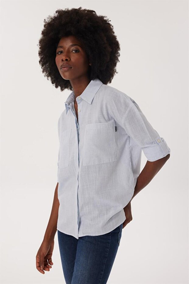 Mındy Kadın Dokuma Gömlek Mavi - 3