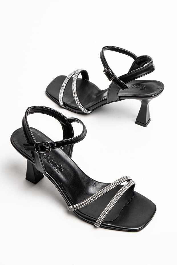 Black Leather Double Band Stone Heeled Shoes