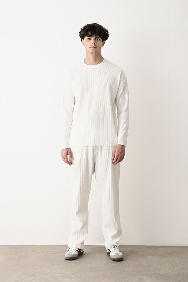 Erkek Oversize Ekru Fitilli Sweatshirt - 3