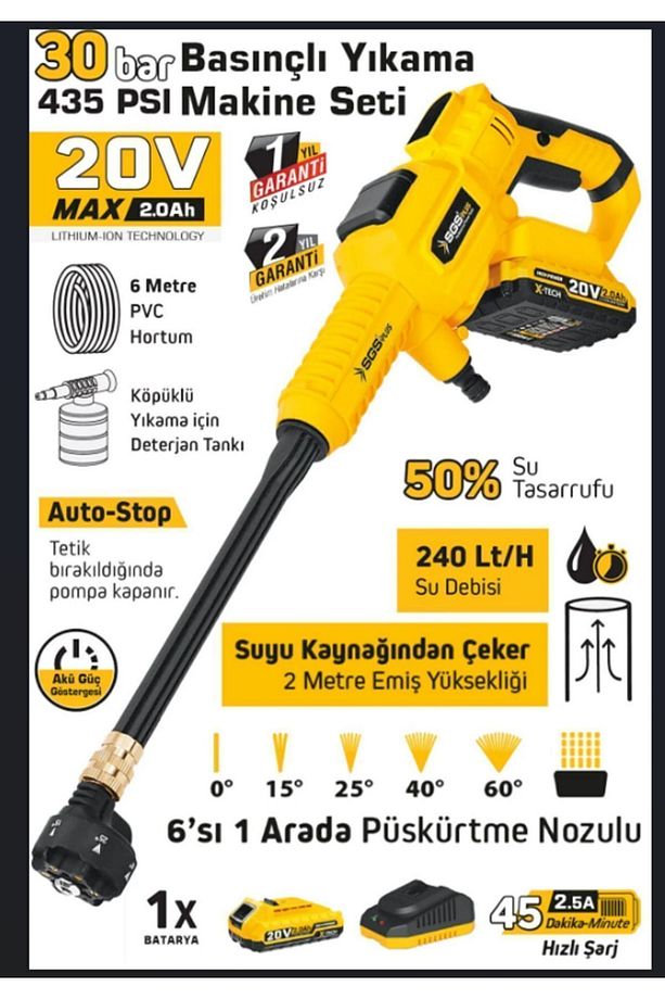 TEK AKÜLÜ BASINÇLI YIKAMA MAKİNESİ SETİ 30BAR 435PSI 1*2.0Ah - 2