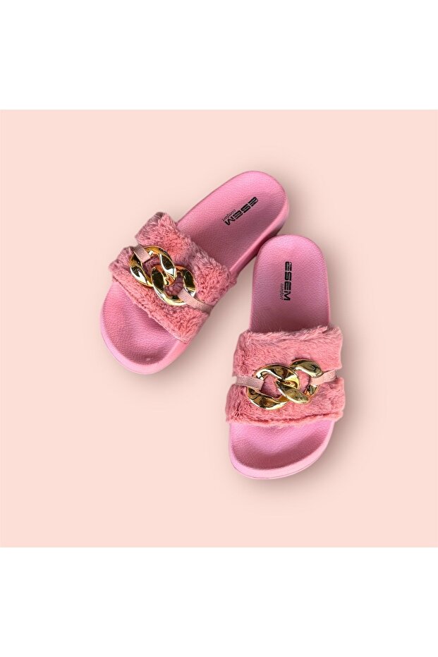 Women's Furry Chain-Detailed Lightweight Sole Home Office Daily Slippers
