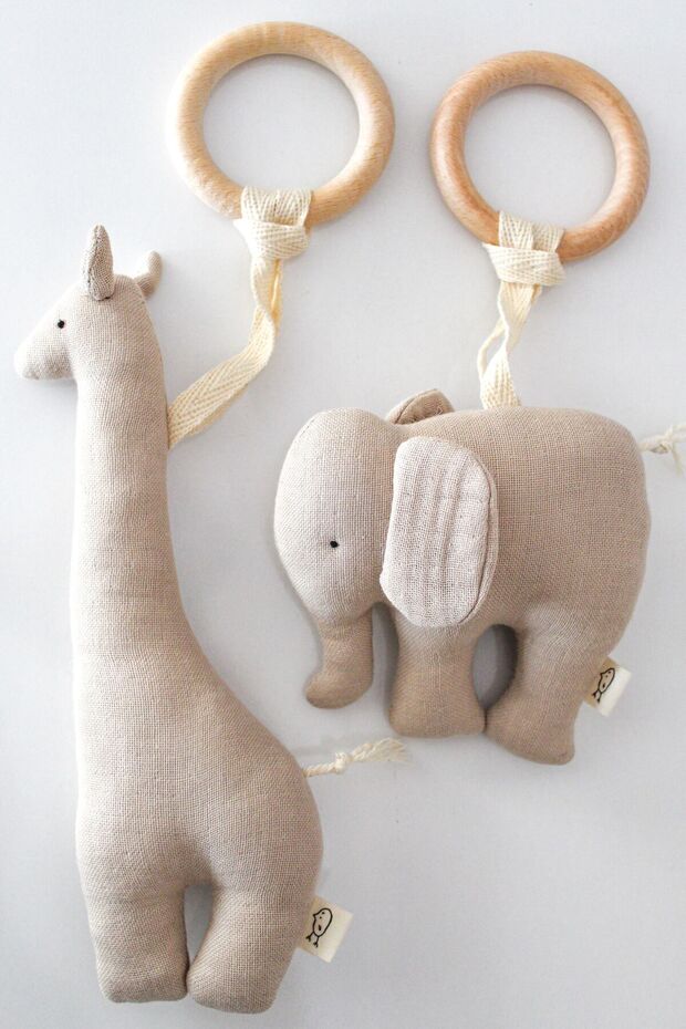 100% Cotton Multi Muslin Elephant and Giraffe Toy Natural Wooden Teether/Baby Room Decor