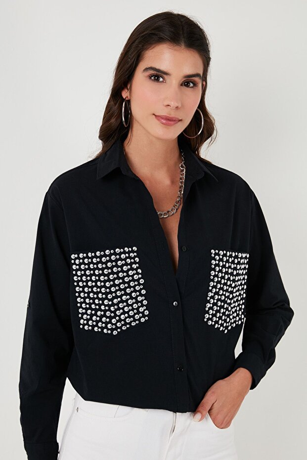 Cepleri Taş Detaylı % 100 Pamuk Oversize Gömlek  GÖMLEK 51444781 - 1
