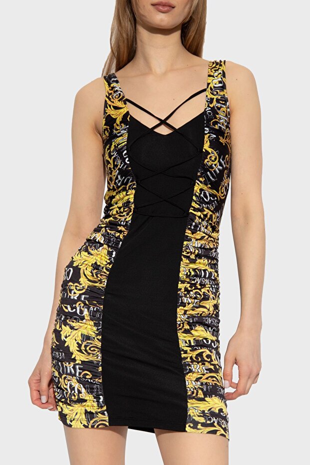 Logo Designed V-neck Backless Slim Fit Mini Dress DRESS 74HAO9A