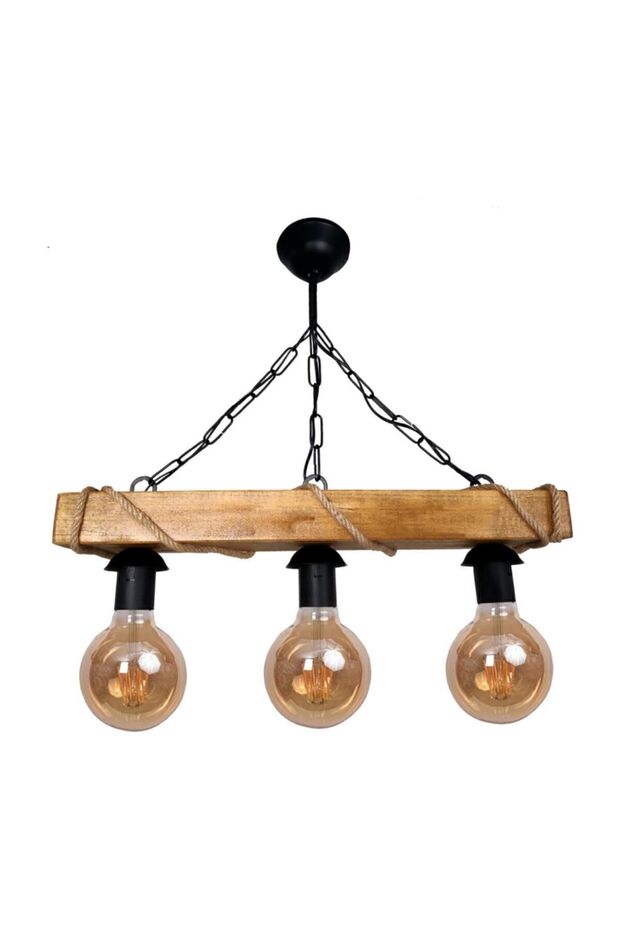 3 Lü Rustik Sarkıt Halatlı Ahşap Avize Rustik Ofis Cafe Bar Otel Restaurant Tavan Lamba - 3