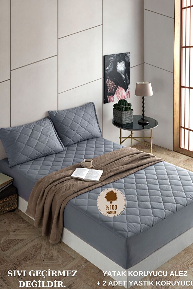 Set Pamukkale Matratzenauflage Grau 100% Baumwolle Gesteppter Matratzenschoner-2 Stück Kissenschoner Matratzenauflage (11 Größen) - 1