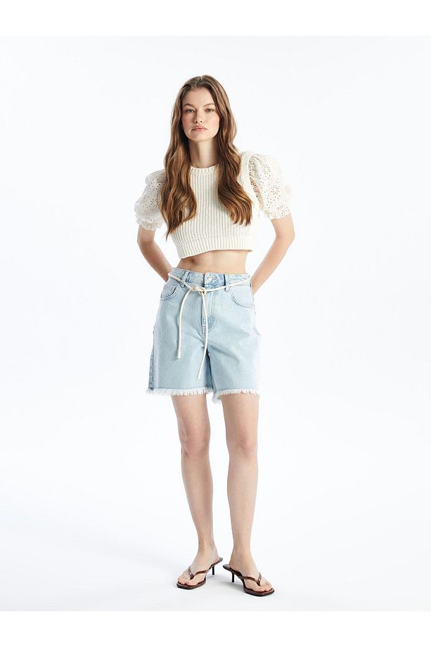 N008721 - Düz Mini Denim Şort - Açık Mavi - 1